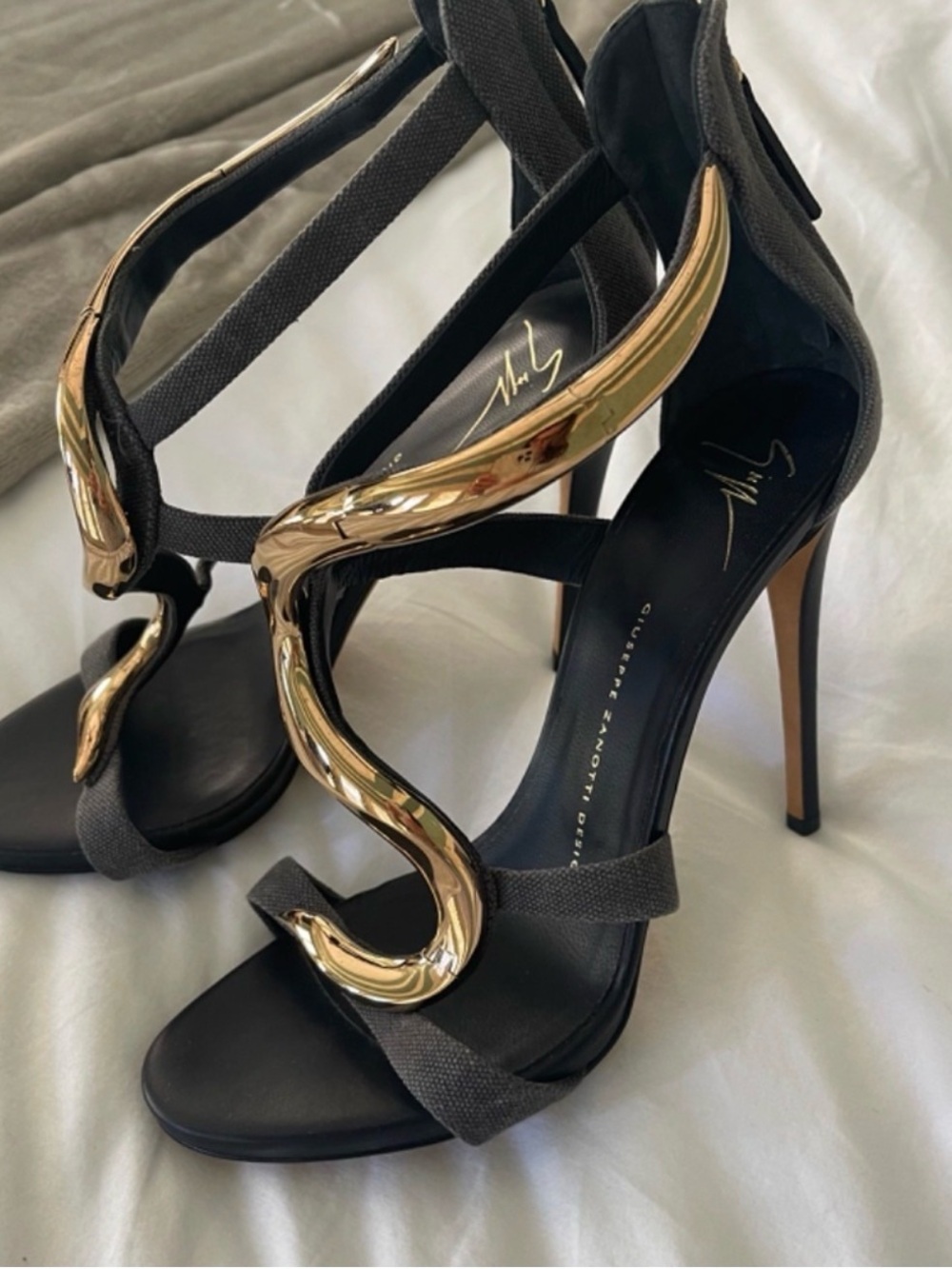 Giuseppe Zanotti Black Sandals with Gold Snake Accents